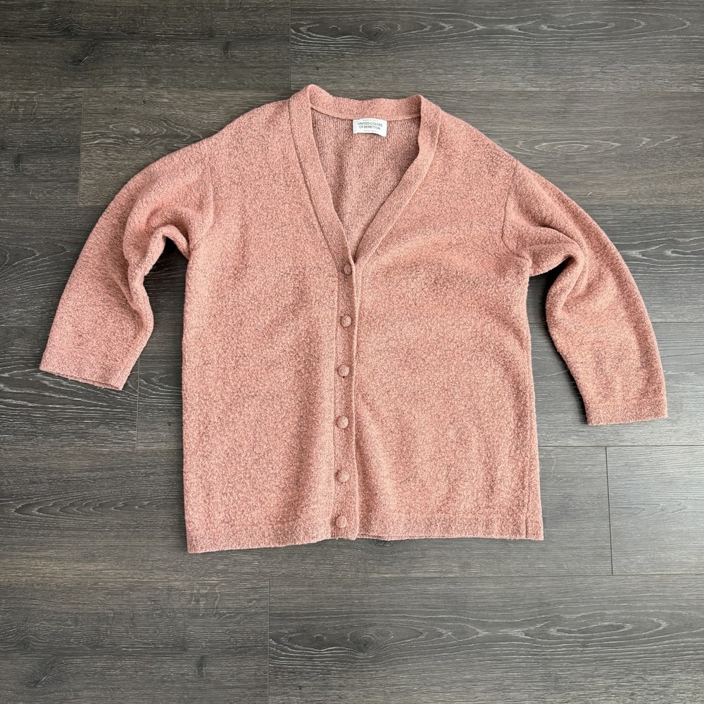 Vtg United Colors of Benetton Wool Blend Cardigan‎ Sweater Large Peach Button
